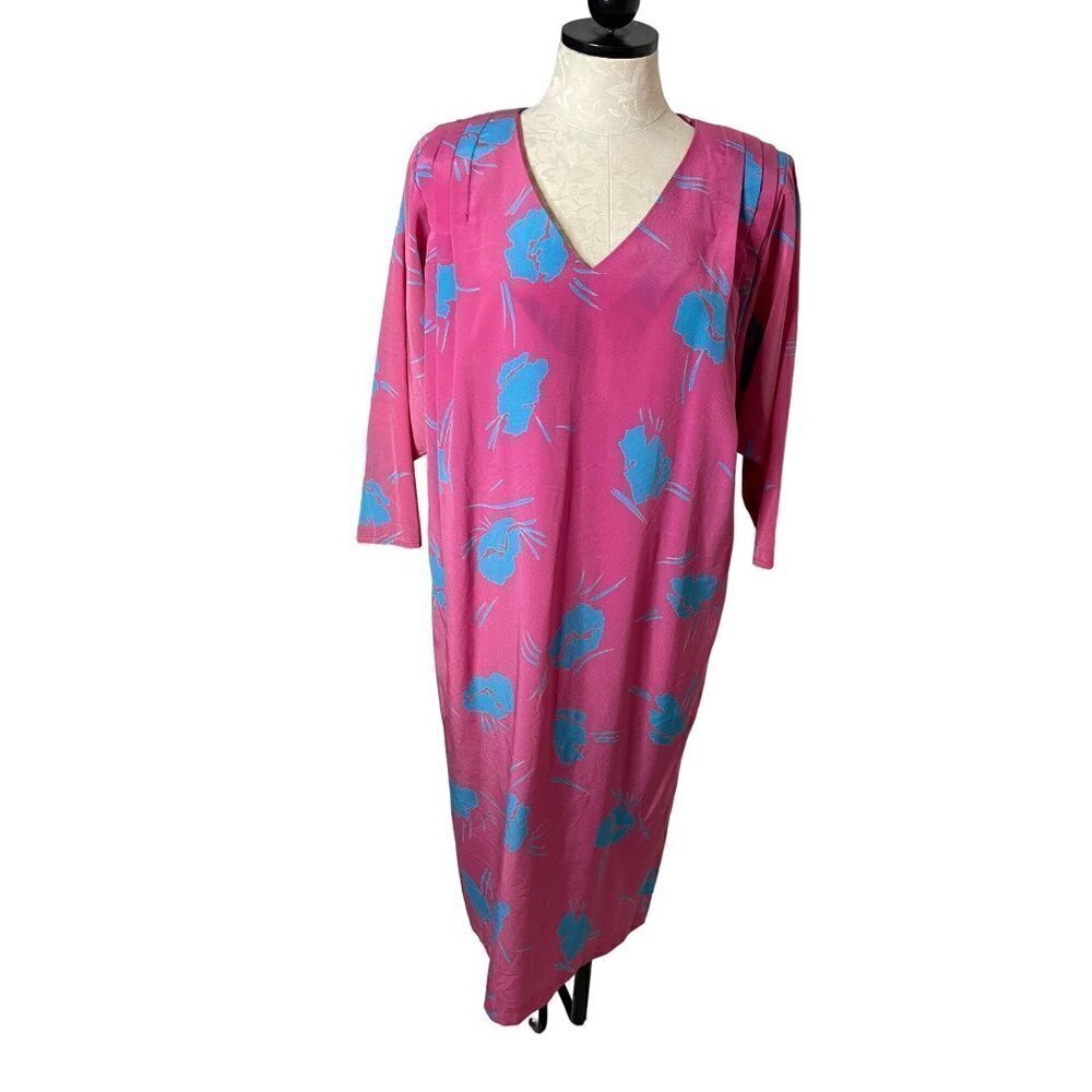Secrets Vintage Womens Midi Shift Dress Size Large Pink Blue V-Neck Pullover